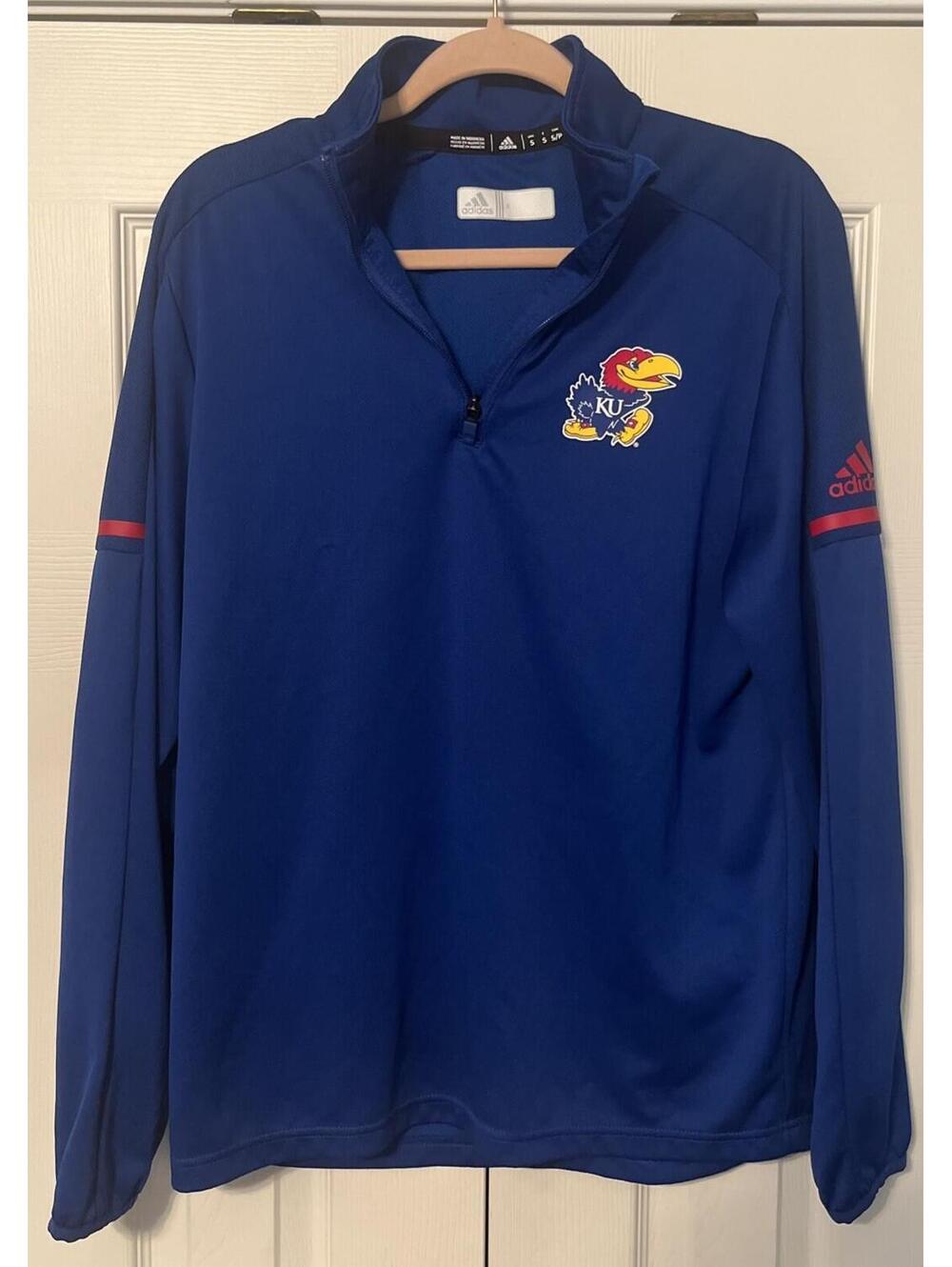 Kansas Jayhawks Mens Small 1/4 Zip Pullover Adidas Jacket Blue Stretch CLEAN!!